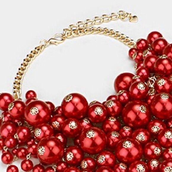 Pearl Strand Red Fringe Bib Necklace & Earrings - Picture 4 of 9